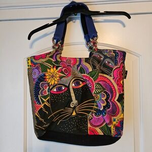 Laurel Burch Cat Canvas Tote Bag Womens Large Multicolor Artsy Boho Purse Floral